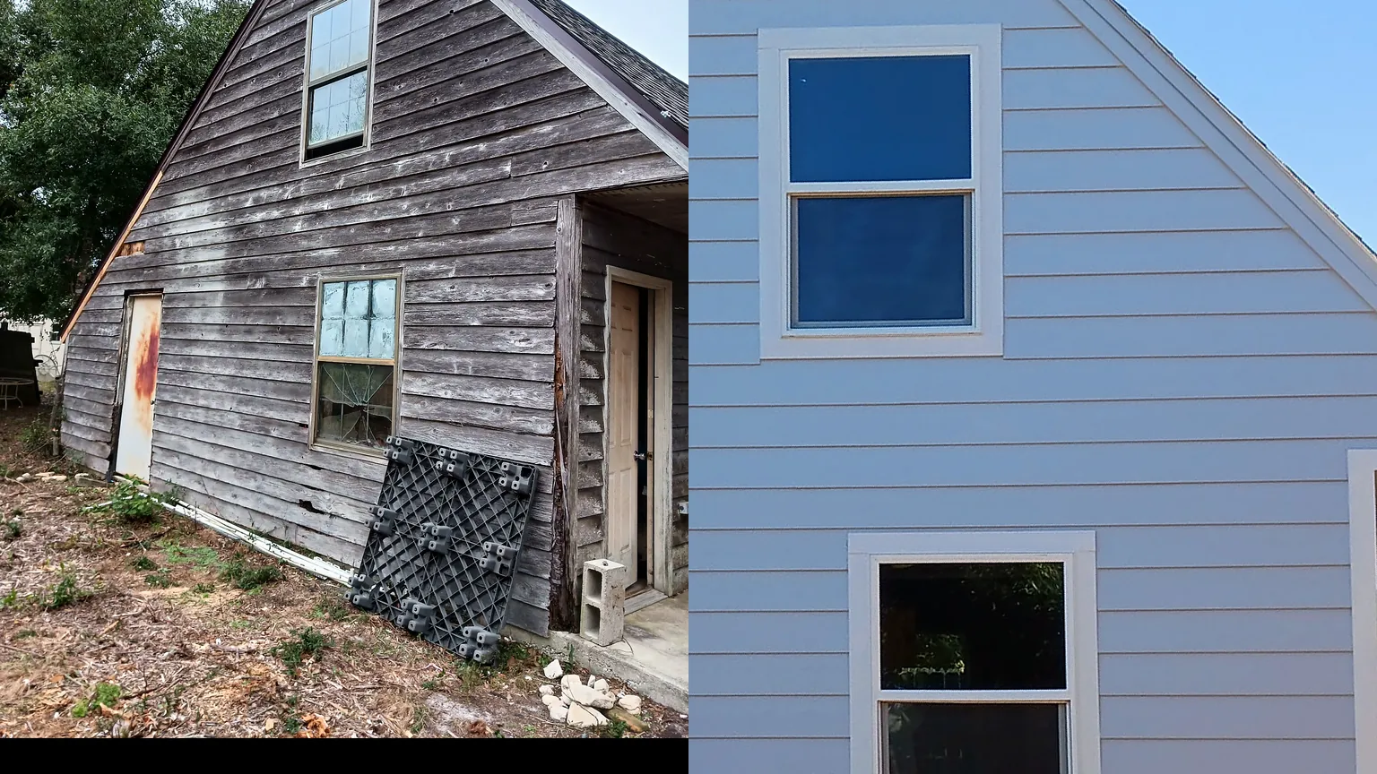 Before and after: weathered wood siding replaced with new lap siding, painted light gray with white trim